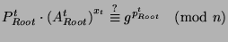 $P^t_{Root} \cdot {(A_{Root}^t)}^{x_{t}}

\stackrel{?}{\equiv} g^{p_{Root}^{t}} \pmod n$